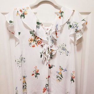 Mine White Floral Ruffle Blouse - Size L